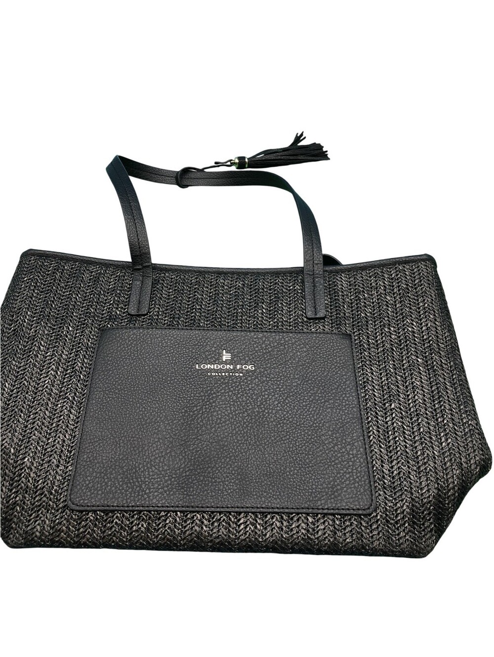 London Fog Tote Bag Womens Large Black Herringbone Woven Tassel Zip Shoulder